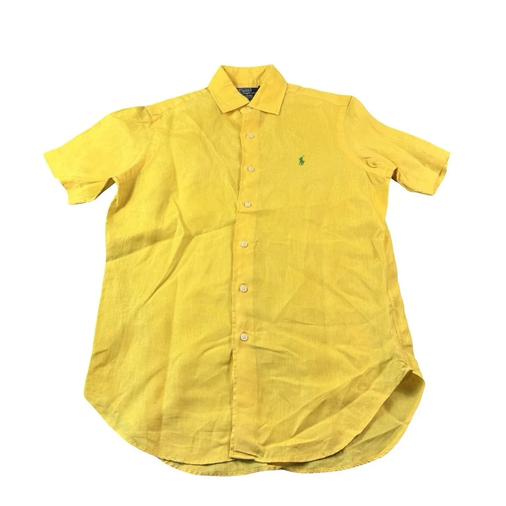 Polo Ralph Lauren Bradford Yellow Linen Shirt Green Pony VTG Men S